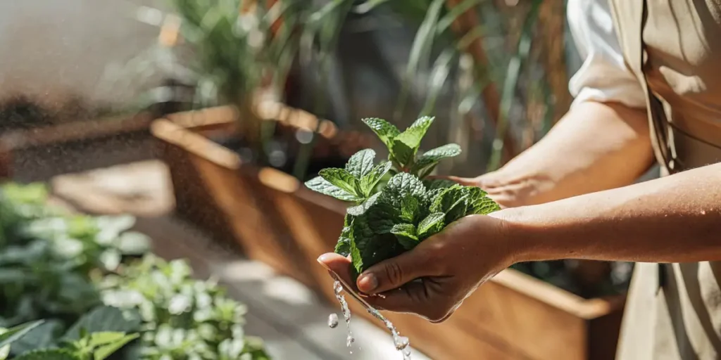 Hands gently holding freshly harvested mint leaves with water droplets in a sunlit garden setting
