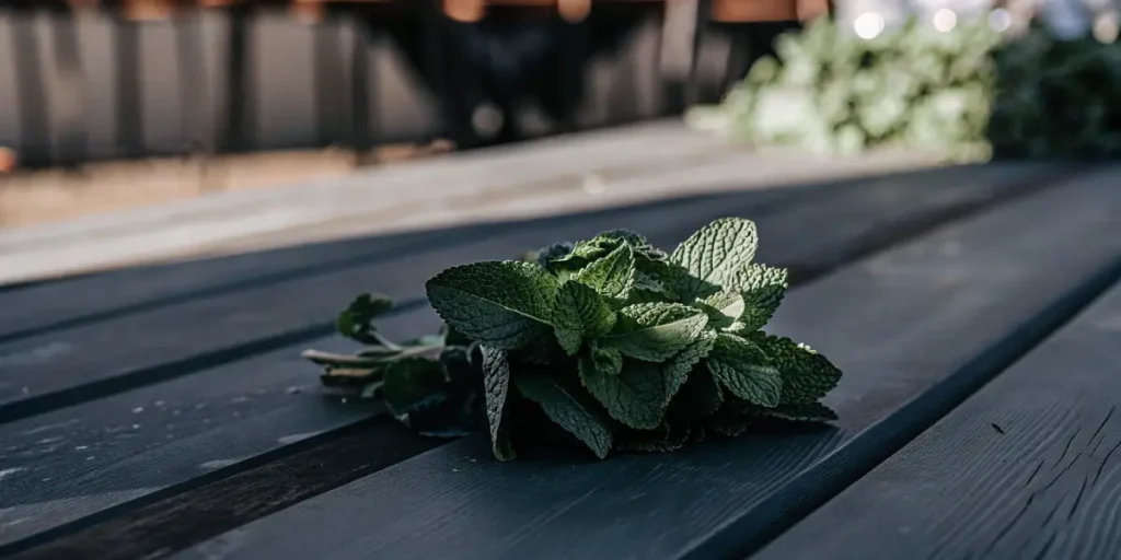 Fresh mint leaves resting on a dark wooden table, showing rich green color, textured veins, and natural light contrast.