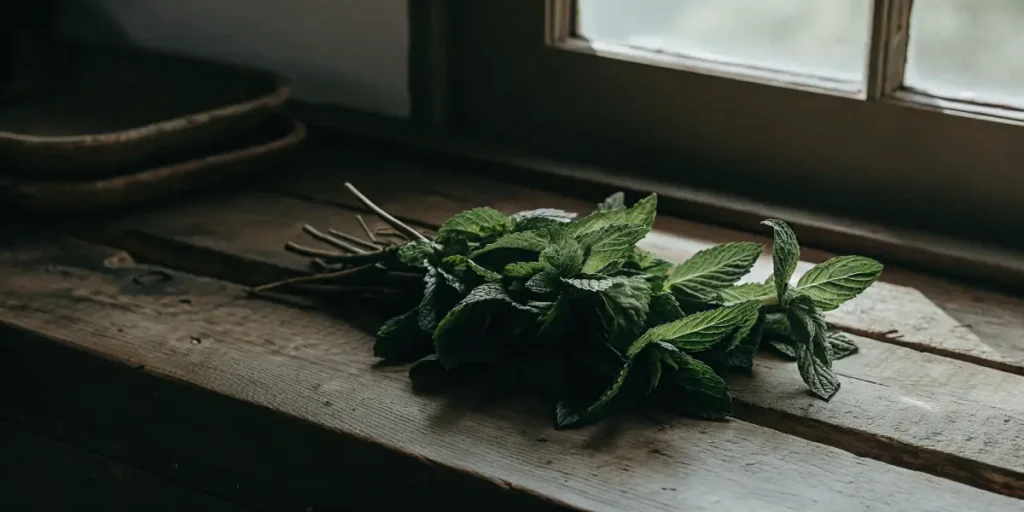 Fresh mint leaves resting on a rustic wooden table near a window with soft natural light