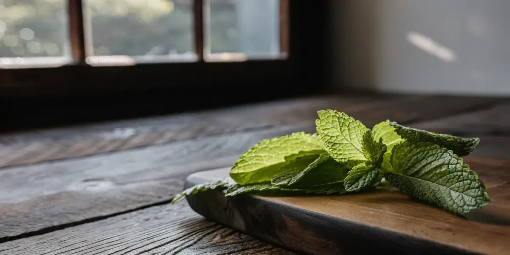 Fresh mint leaves resting on a wooden cutting board with natural light highlighting green texture and veins.