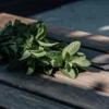 Fresh mint leaves arranged on a rustic wooden table under soft natural light.