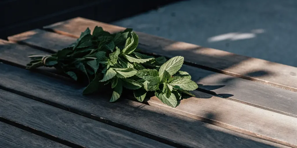 Fresh mint leaves arranged on a rustic wooden table under soft natural light.