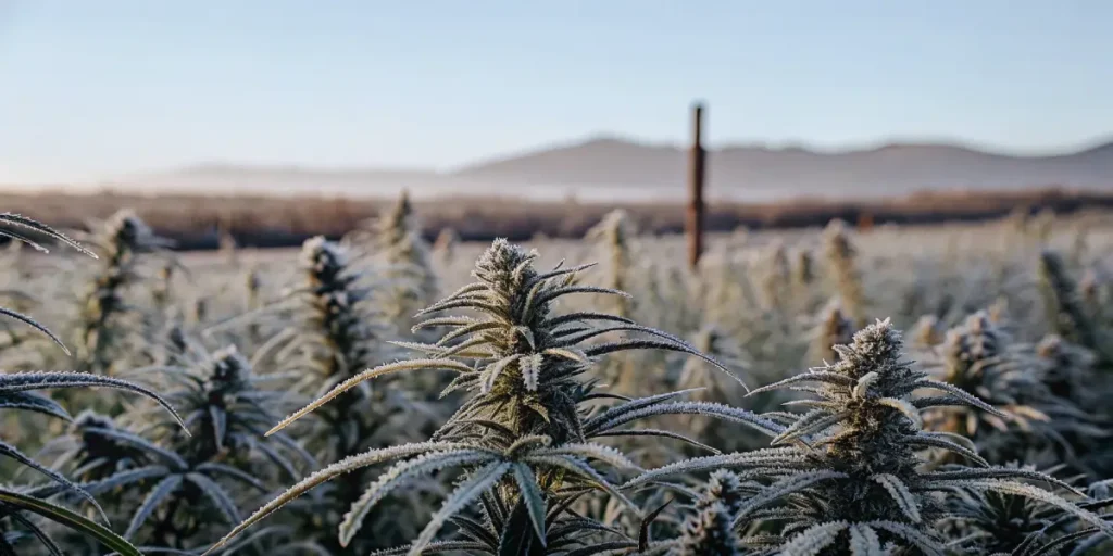 Frost-covered cannabis plants growing in an outdoor field at dawn with mountains in the background.