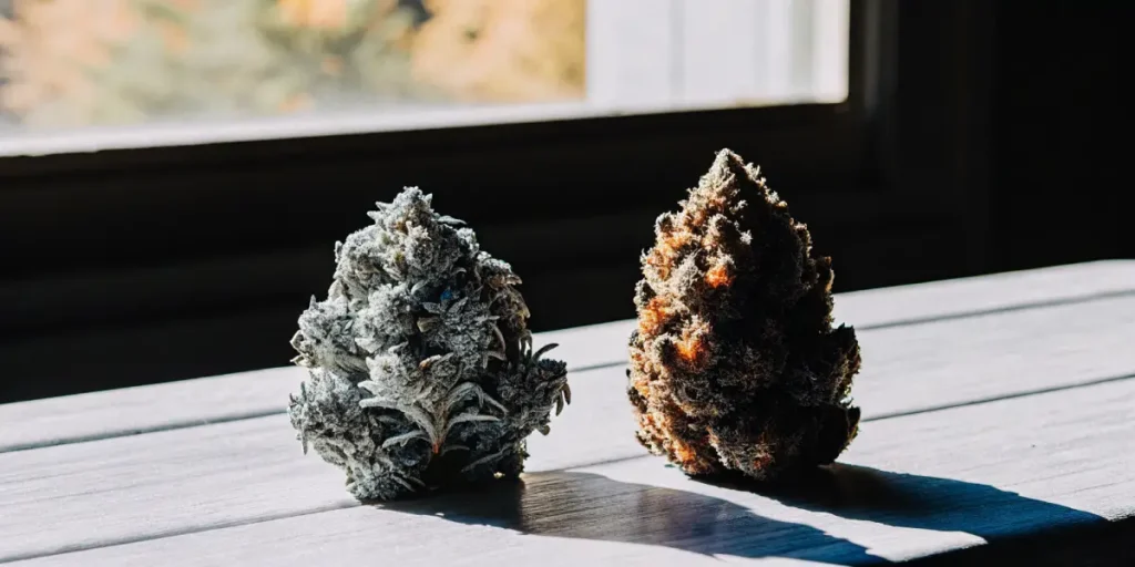Two frosty cannabis buds displayed side by side on a wooden table in natural window light