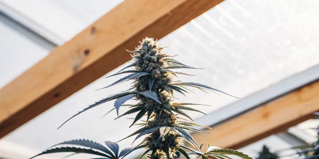 Frosty cannabis cola with visible trichomes growing indoors in a greenhouse environment.