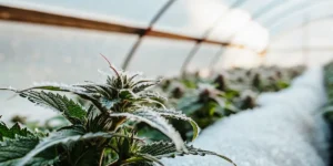 Frost-covered cannabis plant growing inside a cold greenhouse during early morning light.