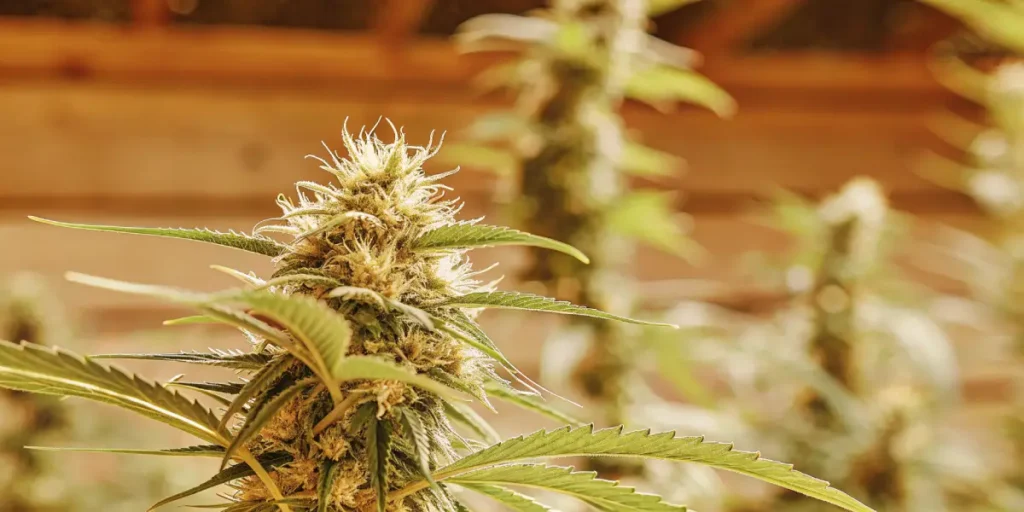 Frosty mint weed strain flowering indoors with dense trichome-covered buds under warm grow lights.