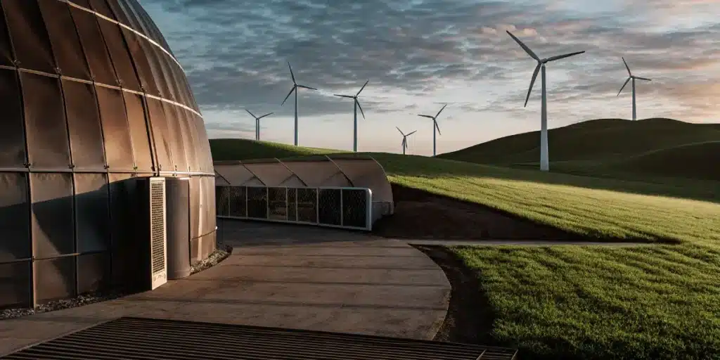 Modern renewable energy facility surrounded by wind turbines on green hills