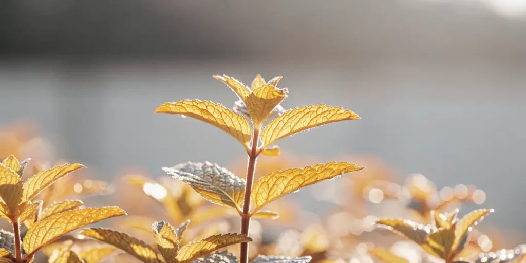 Golden mint plant leaves glowing under warm sunlight with visible veins and delicate dew highlights.