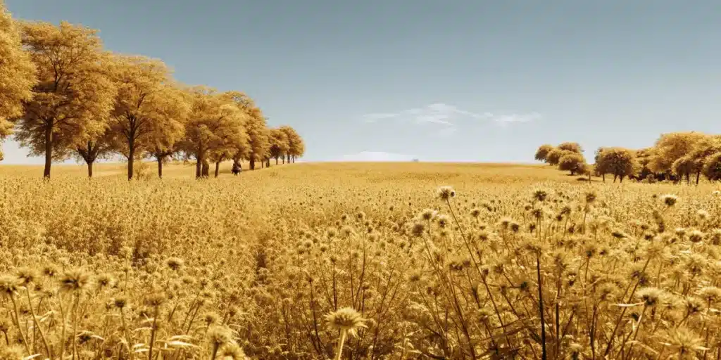 Golden rural field with tall dry plants and a tree-lined path under a clear blue sky.
