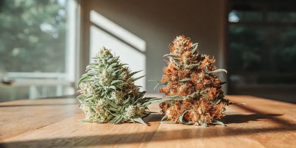 Green and orange cannabis buds standing upright on a wooden table indoors