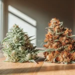 Green and orange cannabis buds standing upright on a wooden table indoors