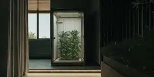 Indoor grow box filled with healthy cannabis plants under a controlled lighting system.