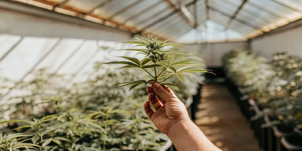 Hand holding a young cannabis branch inside a greenhouse during cultivation.