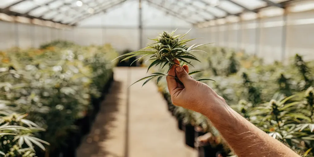 Hand displaying a mature cannabis flower bud inside a greenhouse.