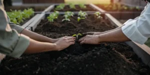 Hands carefully planting a young seedling into rich garden soil in a raised bed.