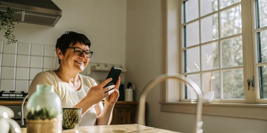 Smiling middle-aged woman using her smartphone while sitting at a bright kitchen table.
