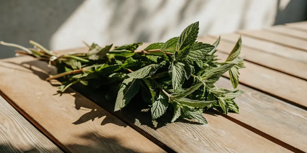 Bundle of freshly harvested mint leaves resting on a sunlit wooden table.