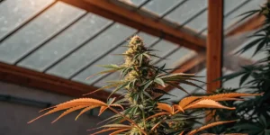 Indoor cannabis plant in late flowering stage growing inside a greenhouse with orange autumn leaves.