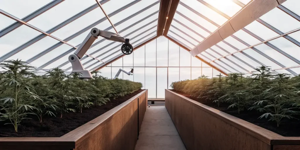Indoor cannabis greenhouse with automated robotic arms tending rows of young cannabis plants under natural sunlight.