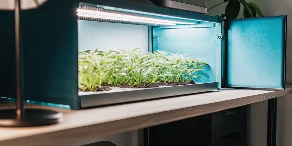 Young cannabis seedlings growing under bright blue LED lights inside a modern indoor grow cabinet.
