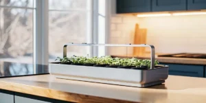 Seedlings growing under an LED grow light on a kitchen countertop garden system.