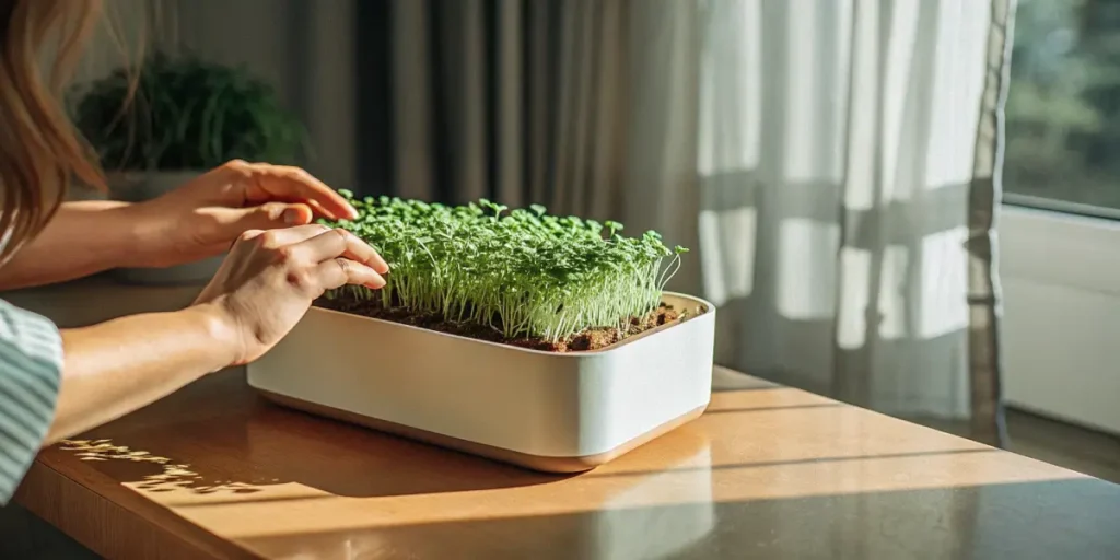 Indoor microgreen garden tray with fresh sprouts being gently touched by a woman’s hands.