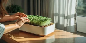 Indoor microgreen garden tray with fresh sprouts being gently touched by a woman’s hands.