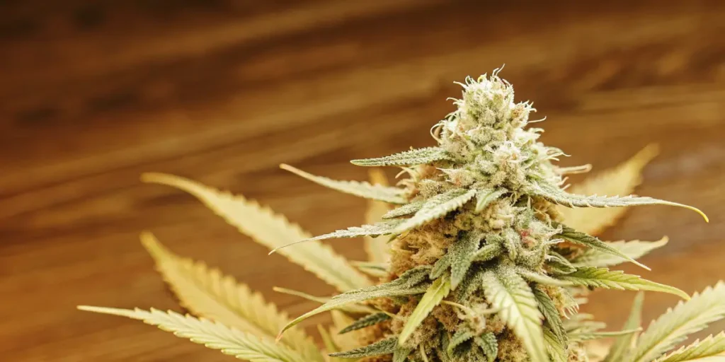 Kush Mints cannabis bud with dense structure and frosty trichomes, highlighted by warm light on a wooden surface.