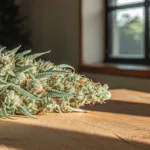 Large cannabis cola placed on a wooden surface indoors with soft daylight and a blurred window background.
