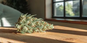 Large cannabis cola placed on a wooden surface indoors with soft daylight and a blurred window background.