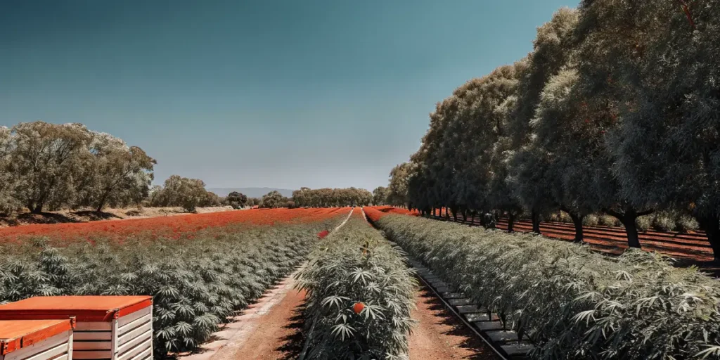 Large-scale cannabis field with organized irrigation rows and trees under a bright blue sky.