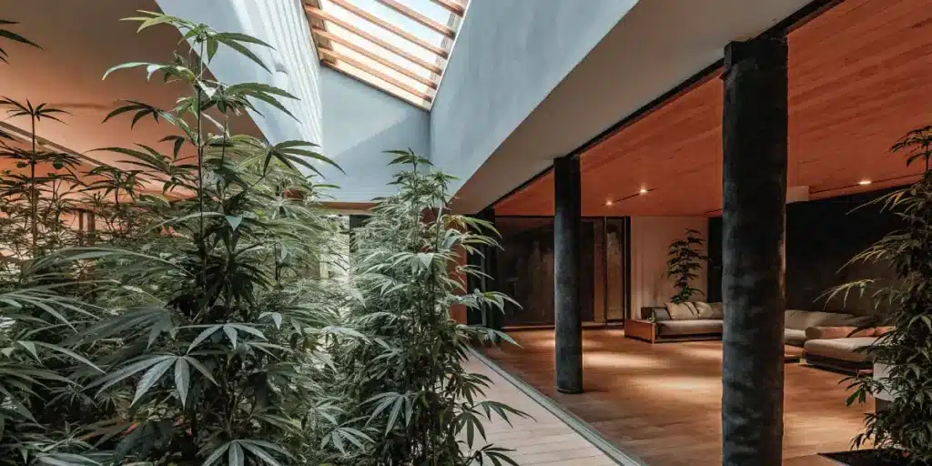 Luxury indoor cannabis garden with tall plants growing under a skylight in a modern architectural space.