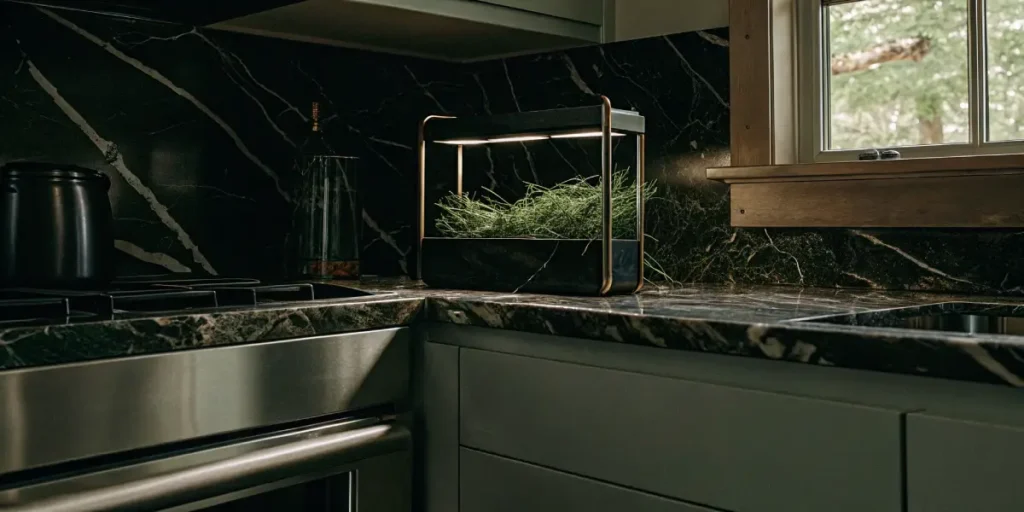 Indoor herb grow light system on a luxury dark marble kitchen countertop.