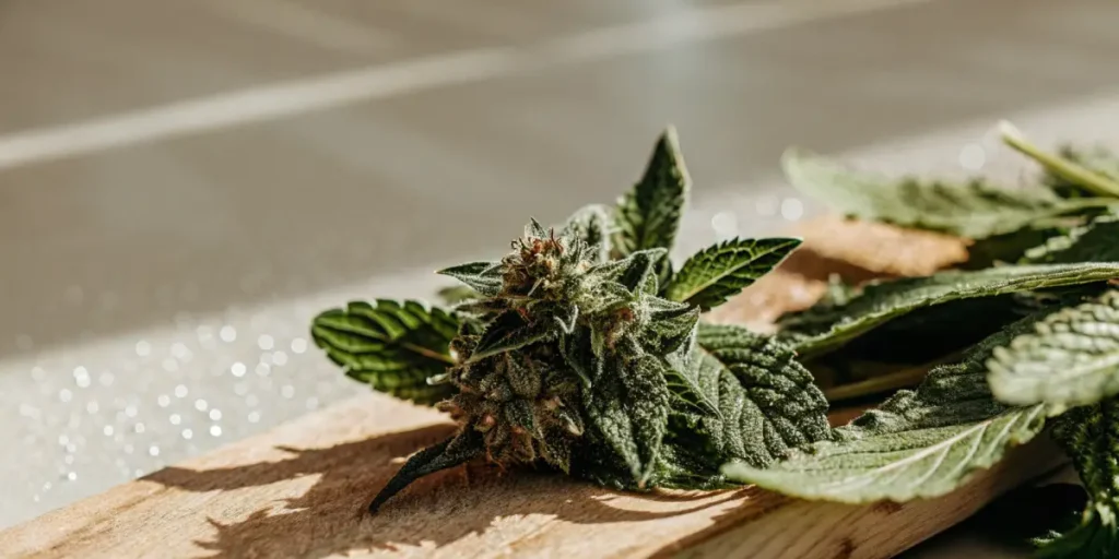 Macro shot of a frosty cannabis bud resting on a wooden surface with fresh leaves.