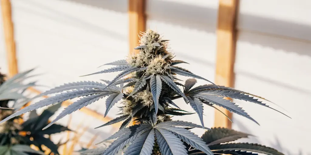 Mature cannabis cola with dense buds and dark green leaves, showing resin formation under bright indoor light.