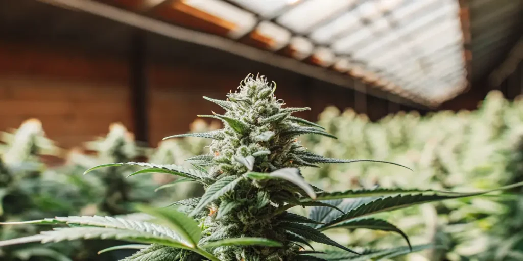 Close-up of a mature cannabis flower thriving under indoor greenhouse lighting with visible trichomes.