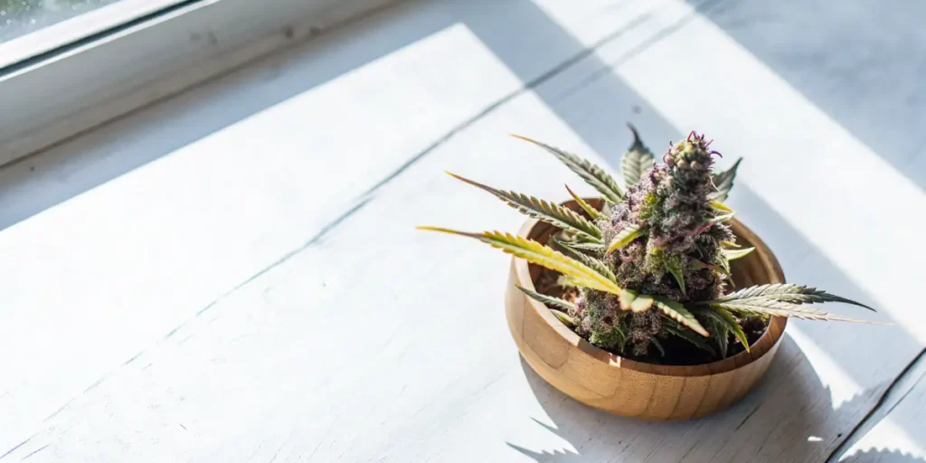 Mint cannabis bud placed in a wooden bowl on a bright windowsill, showing frosty trichomes and purple-green tones.