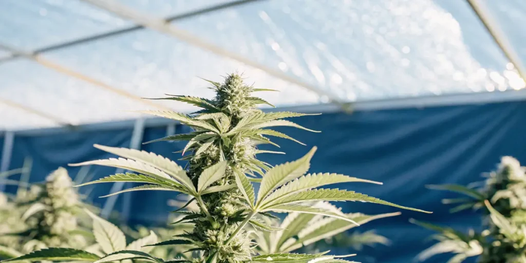 Tall mint cannabis cola growing under natural light inside a greenhouse, showing healthy structure and developing flowers.