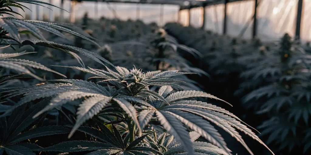 Mint-colored cannabis plants growing densely in a greenhouse during flowering stage