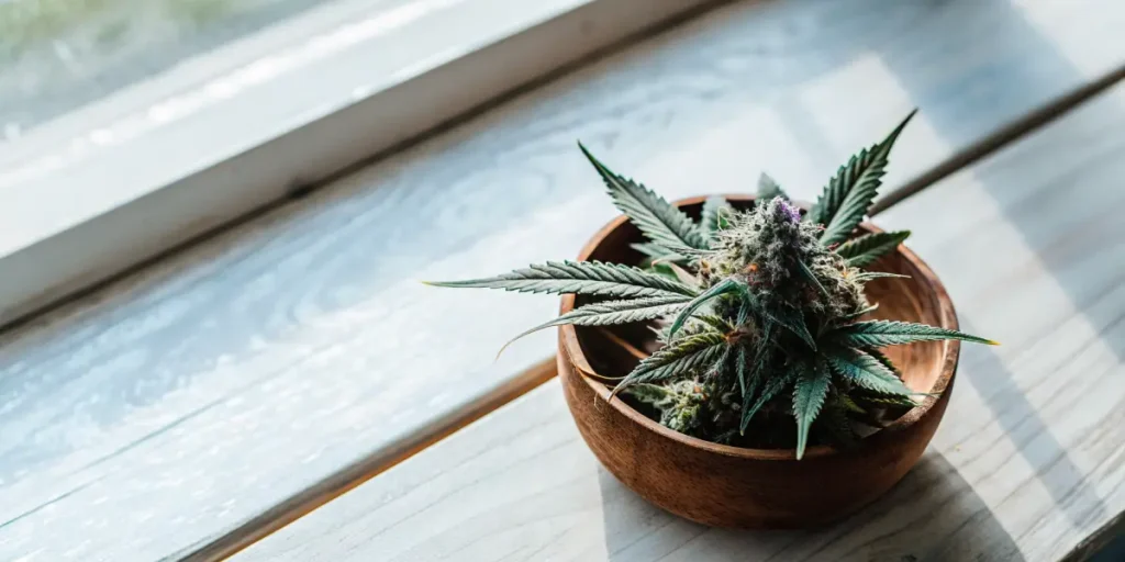 Mint cannabis flower resting in a wooden bowl with sharp leaves, resin-coated buds, and natural daylight.