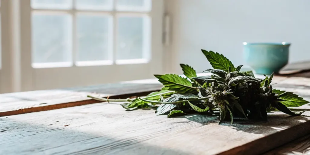 Mint cannabis flowers and leaves resting on a wooden table near a window, with soft natural light highlighting texture.