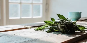 Mint cannabis flowers and leaves resting on a wooden table near a window, with soft natural light highlighting texture.