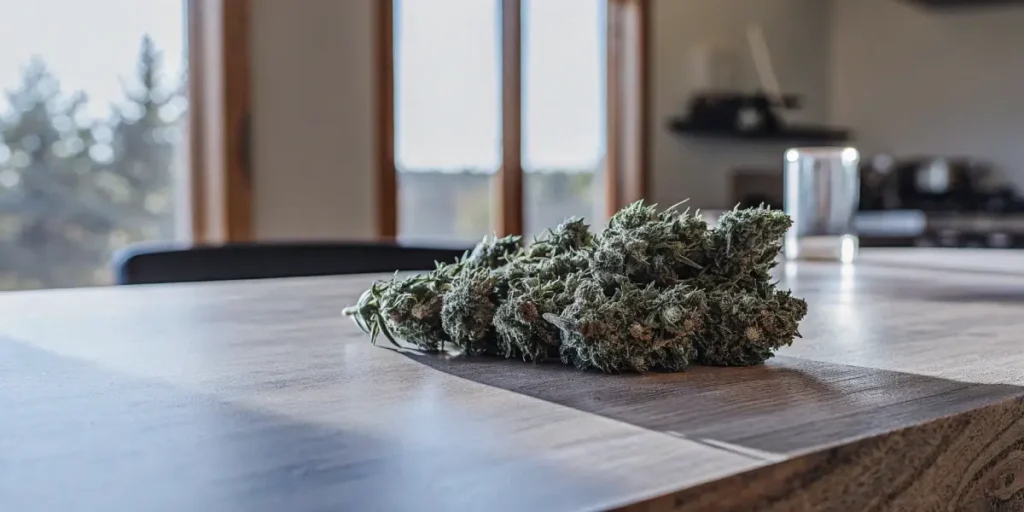 Mint cannabis harvest arranged on an indoor table, with dense buds and visible trichomes in soft daylight.