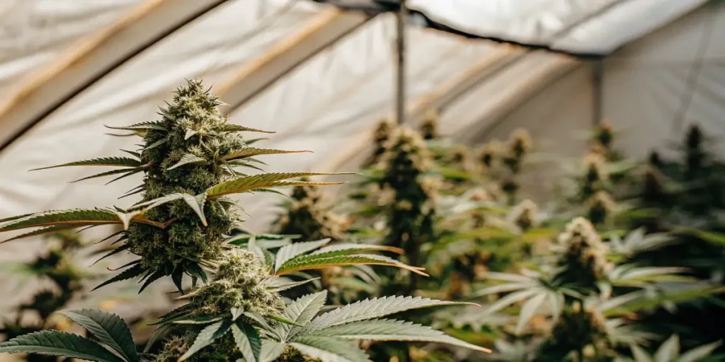 Mint cannabis plant in mid flowering stage growing inside a greenhouse with dense buds and healthy green leaves.