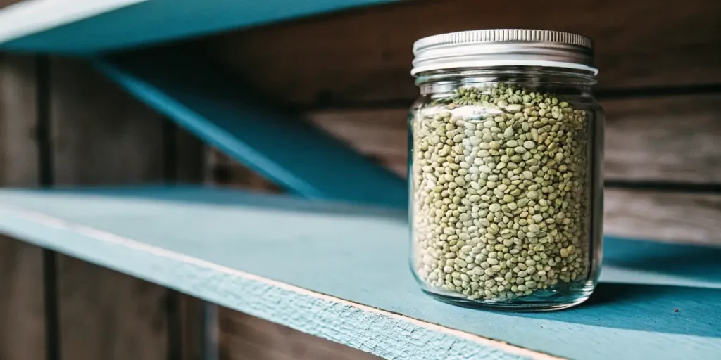 Mint cannabis seeds stored in a clear glass jar on a blue wooden shelf, showing seed texture and natural green tones.