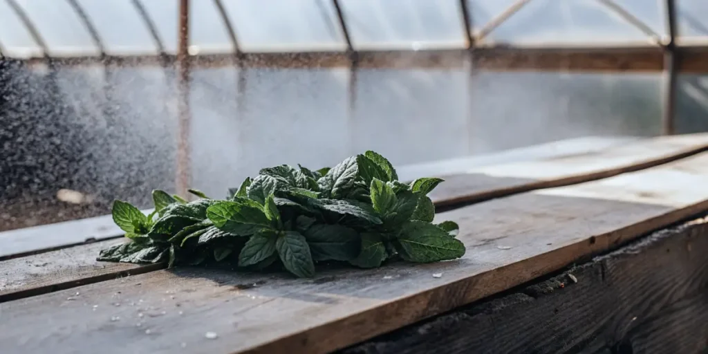Mint leaves drying on a wooden table inside a greenhouse environment