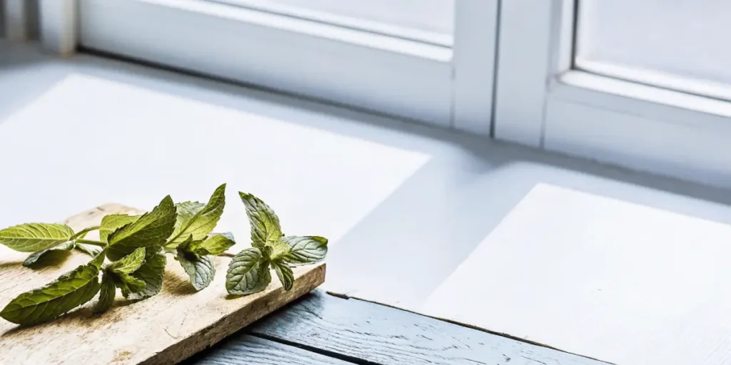 Mint leaves arranged on a wooden board beside a bright window with natural sunlight