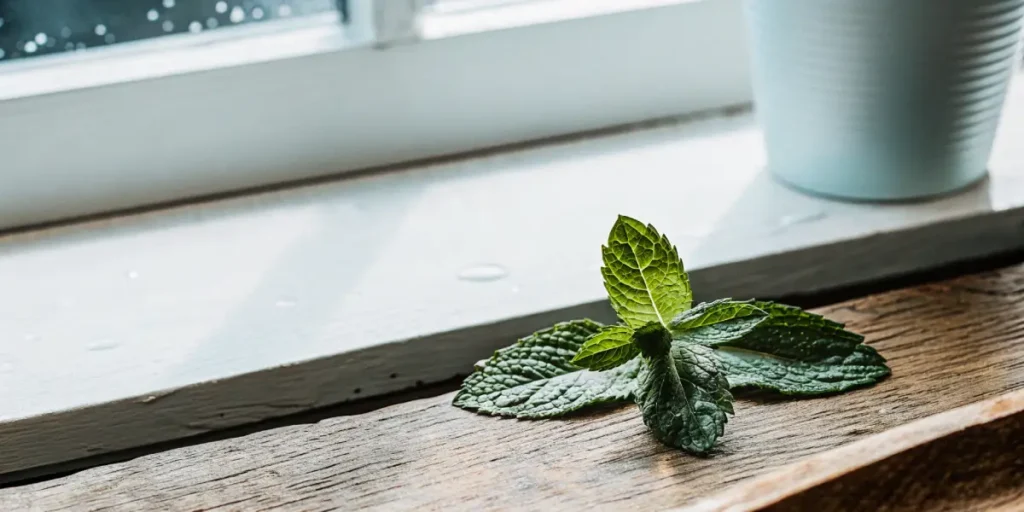 Mint leaves spread on a wooden windowsill with daylight enhancing the vibrant green tones and natural texture.