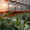 Fresh mint plants growing in a greenhouse under warm natural sunlight, showing healthy green leaves and early-stage growth.